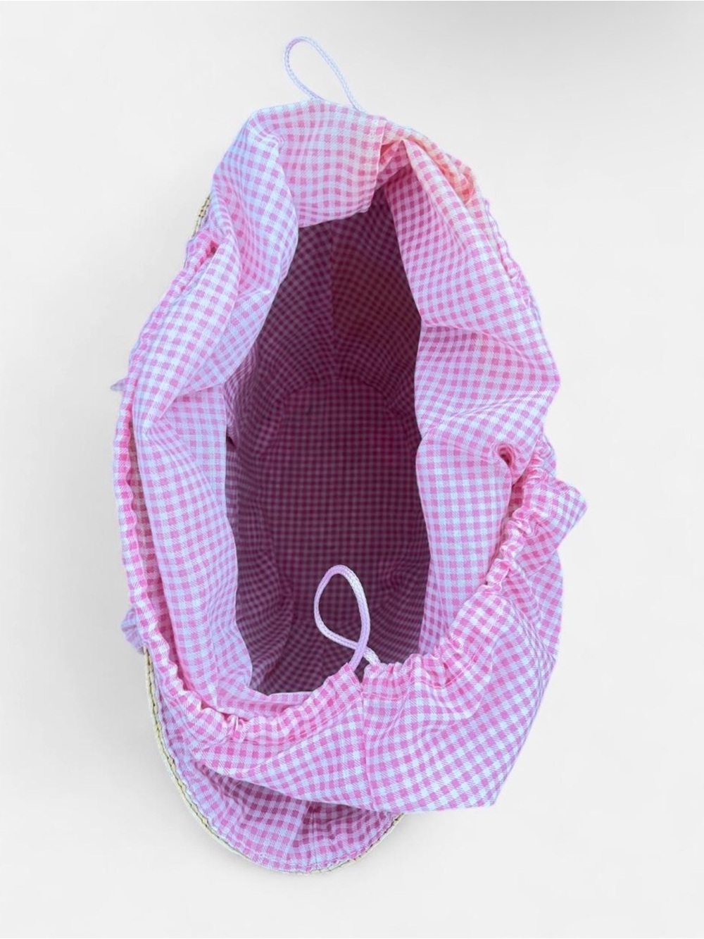 Pink Gingham-Lined Straw Tote Bag - Picture 3 of 6